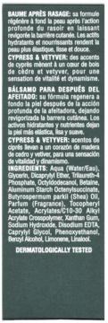 Tył opakowania balsamu po goleniu Proraso Cypress & Vetyver z listą składników i opisem w jęz. francuskim.