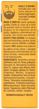 Etykieta olejku do brody Proraso Wood & Spice z listą składników, instrukcją użycia. Testowany dermatologicznie.
