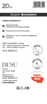 DESU Lycra ,skarpetki damskie, 20 den, bezuciskowe, Czarne,tył