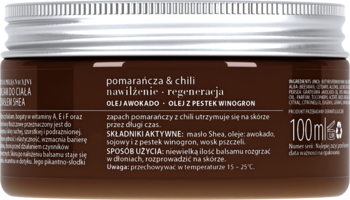 Tył brązowego słoika balsamu Organique Pomarańcza & Chili 100ml z opisem i składem, srebrne wieczko.