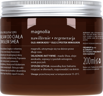 Balsam do ciała Magnolia Organique z masłem shea i olejem awokado, w ciemnobrązowym słoiku, widok z przodu pod kątem.