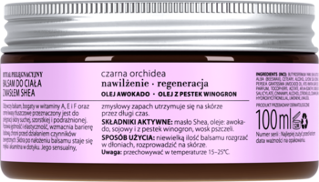 Balsam Organique Black Orchid, tył szklanego słoika 100ml, różowa etykieta PL z opisem: nawilża, regeneruje.