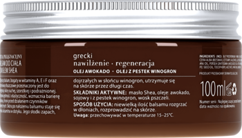 Tył brązowego słoika balsamu Organique Grecki 100ml z polskimi napisami o nawilżeniu, oleju awokado.