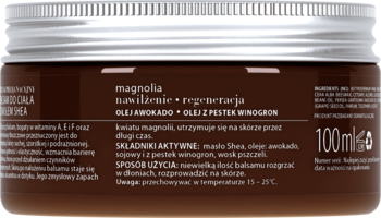Tył brązowego słoika balsamu Organique Magnolia z masłem shea, olejem awokado i pestek winogron, 100ml.