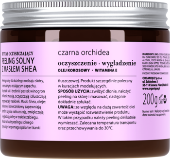 Peeling solny Organique Czarna Orchidea z masłem shea, brązowy słoik z różową etykietą, widok z tyłu.