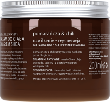 Ciemnobrązowy słoik balsamu do ciała Pomarańcza & Chili z masłem shea i olejem awokado, widok z góry. Nawilża.