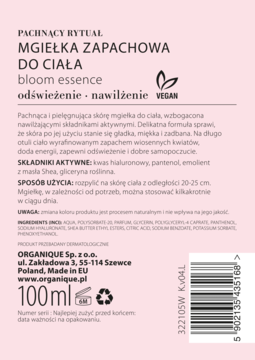 ORGANIQUE Fragrance Ritual ,mgiełka do ciała dla kobiet, Bloom Essence,tył