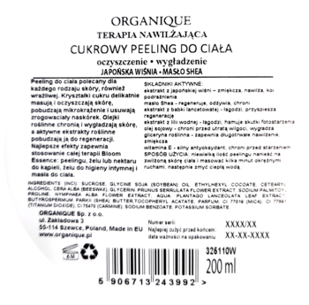 Okrągła, biała etykieta cukrowego peelingu Organique, widok z tyłu, 200ml, Japońska Wiśnia, Masło Shea.