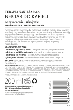 Nektar do Kąpieli Organique nawilżający, biała butelka 200 ml, widok z tyłu z polskim opisem składu.