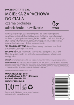 Tył fioletowej mgiełki do ciała Organique Black Orchid 100ml z informacjami o składnikach i kodem.