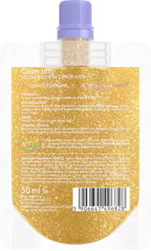 Tył opakowania żelu do włosów Glam Jam z brokatem, złota saszetka z fioletową nakrętką i etykietą.