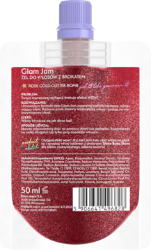Tył brokatowego żelu do włosów Glam Jam Rose Gold Glitter Bomb 50 ml, z fioletową nakrętką i składem.
