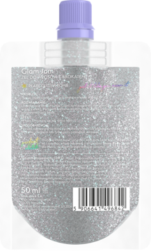 Srebrna, brokatowa saszetka Glam-Jam z fioletową zakrętką, widok z tyłu z kodem kreskowym i tekstem "50 ml".