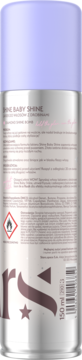 Srebrny lakier do włosów Shine Baby Shine 150 ml, tył opakowania z fioletową nasadką i ostrzeżeniem o łatwopalności.