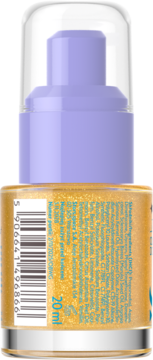 Tył butelki 20 ml brokatowego płynu rozświetlającego, fioletowa pompka, przezroczysta nakładka i kod kreskowy.