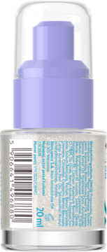 Tył 20ml butelki serum z brokatem, z fioletową pompką i etykietą zawierającą skład oraz kod kreskowy.