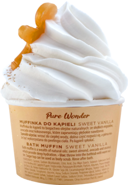 Muffinka do kąpieli Pure Wonder Sweet Vanilla z naturalnymi olejami, biała, kremowa góra, tył opakowania.