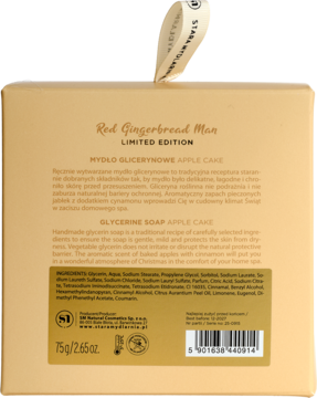 Tył złotego opakowania mydła glicerynowego Red Gingerbread Man Apple Cake z opisem i składem.