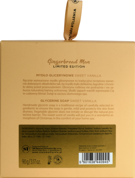 Tył złotego pudełka limitowanej edycji mydła glicerynowego Sweet Vanilla 90g Gingerbread Man z informacjami.