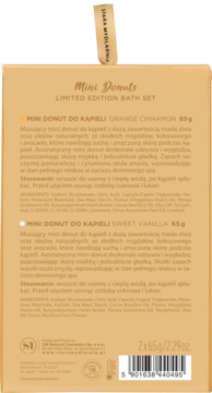 Tył beżowego pudełka Mini Donuts Limited Edition Bath Set. Widoczne szczegóły o zapachach i składzie.