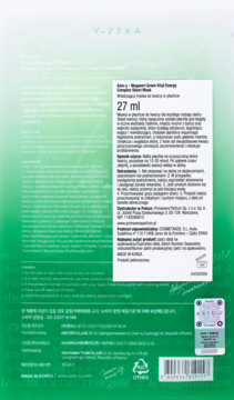 Tył zielonej maski w płachcie Axis-Y Mugwort Green Vital Energy 27 ml z instrukcjami i kodem kreskowym.