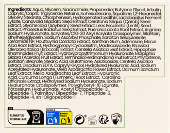 Tył opakowania kremu Axis-Y korygującego przebarwienia z 2% alpha-arbutyną i listą składników.