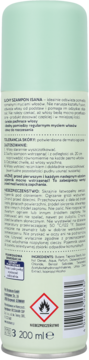 Tył suchego szamponu Isana z pokrzywą, miętowa puszka z polskim tekstem, symbolem łatwopalności i 200 ml.