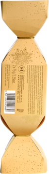 Złota kula do kąpieli Orange & Cinnamon 75g w opakowaniu typu cracker, z brokatem, widok z boku z etykietą.
