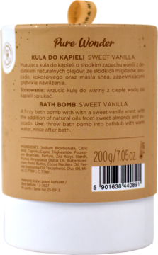 Brązowy tył opakowania kuli do kąpieli Pure Wonder Sweet Vanilla, z opisem, składem i kodem kreskowym.