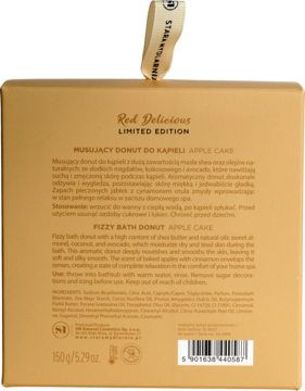 Tył złotego opakowania Red Delicious Musujący Donut do Kąpieli Apple Cake, z białym tekstem i składem.
