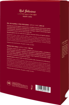 Tył czerwonego opakowania zestawu Red Delicious Apple Cake z żelem i masłem do ciała. Widoczne opisy produktów, składniki i kod kreskowy.