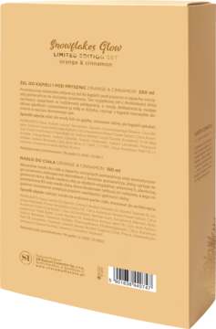 Tył beżowego pudełka zestawu Snowflakes Glow Orange & Cinnamon z widocznymi opisami żelu i masła.