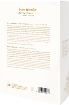 Tył białego opakowania zestawu Pure Wonder Sweet Vanilla z żelem i masłem do ciała, widoczne opisy i składniki.