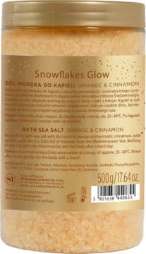 Tył opakowania soli morskiej do kąpieli Orange & Cinnamon 500g, z etykietą, składem i złotymi drobinkami.