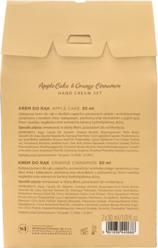 Tył brązowego opakowania zestawu kremów do rąk Apple Cake i Orange Cinnamon, z listą składników.