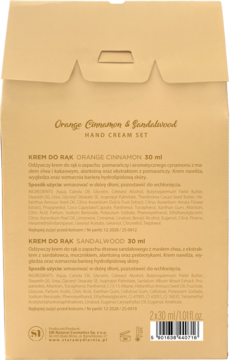 Tył brązowego zestawu kremów do rąk Orange Cinnamon i Sandalwood, 2x30ml, z nadrukami i kodem kreskowym.