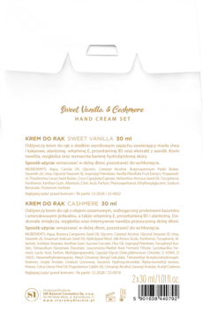 Tył białego opakowania zestawu kremów do rąk Sweet Vanilla & Cashmere 2x30ml z opisami produktów i składem.
