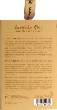 Tył opakowania kostek do kąpieli Snowflakes Glow Orange & Cinnamon 2x70g, z opisem produktu i składnikami.