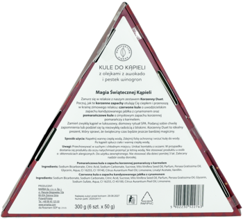 Tył piramidalnego opakowania z kulami do kąpieli, białe tło, czerwone boki, widoczny szczegółowy opis i skład.