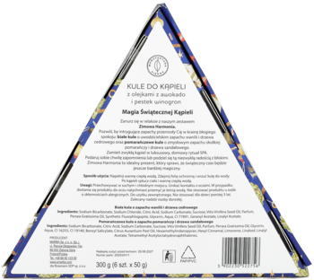 Tył trójkątnego opakowania Kule do Kąpieli Magia Świątecznej Kąpieli, z widoczną listą składników.