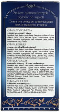 Tył granatowego opakowania zestawu planotwórczych płynów do kąpieli, listą składników 4 zapachów.