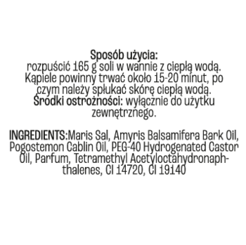 Etykieta soli do kąpieli z instrukcją użycia i składem na białym, okrągłym tle, widok z bliska.