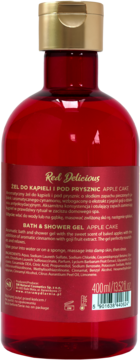 Tył czerwonej butelki Red Delicious Bath & Shower Gel Apple Cake, z widoczną etykietą, składnikami i pojemnością 400ml.