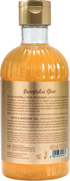 Tył przezroczystej butelki żelu Snowflakes Glow Orange & Cinnamon z pomarańczowo-złotym płynem i etykietą produktu.