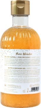 Tył butelki Pure Wonder Żel do Kąpieli Sweet Vanilla, z widoczną etykietą i złotymi drobinkami w płynie.