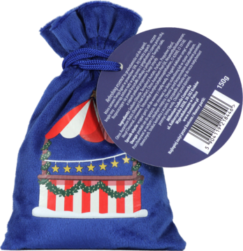 Granatowy, miękki woreczek prezentowy z motywem świątecznego straganu i zawieszoną etykietą, widok z przodu.