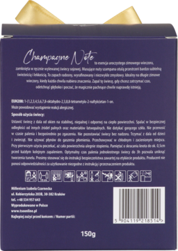 Tył ciemnofioletowego opakowania świecy zapachowej Champagne Note 150g z tekstem, kodem kreskowym i ikonami.