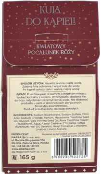 Tył bordowego opakowania kuli do kąpieli Marba Kwiatowy Pocałunek Róży 165g, ze złotymi gwiazdkami i składem.