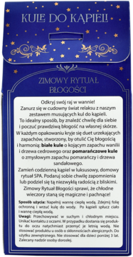 Tył ciemnoniebieskiego opakowania kul do kąpieli "Zimowy Rytuał Błogości" ze złotymi gwiazdkami i polskim tekstem.