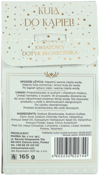 Tył opakowania kuli do kąpieli Kwiatowy Dotyk Słonecznika, białe pudełko w złote gwiazdki z listą składników.